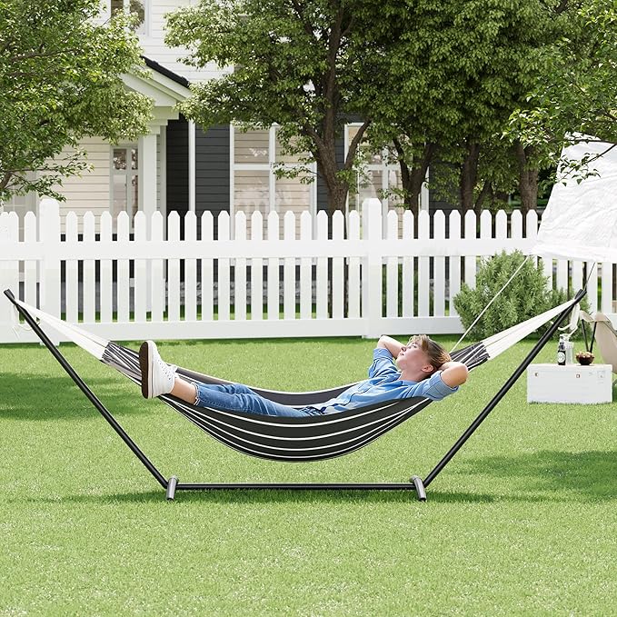 Double Hammock with Steel Stand - 2 Person Hammock Bed Indoor Outdoor, Brazilian-Style, with Carry Bag, 450lb Capacity, Portable & Easy Assembly, Chasm