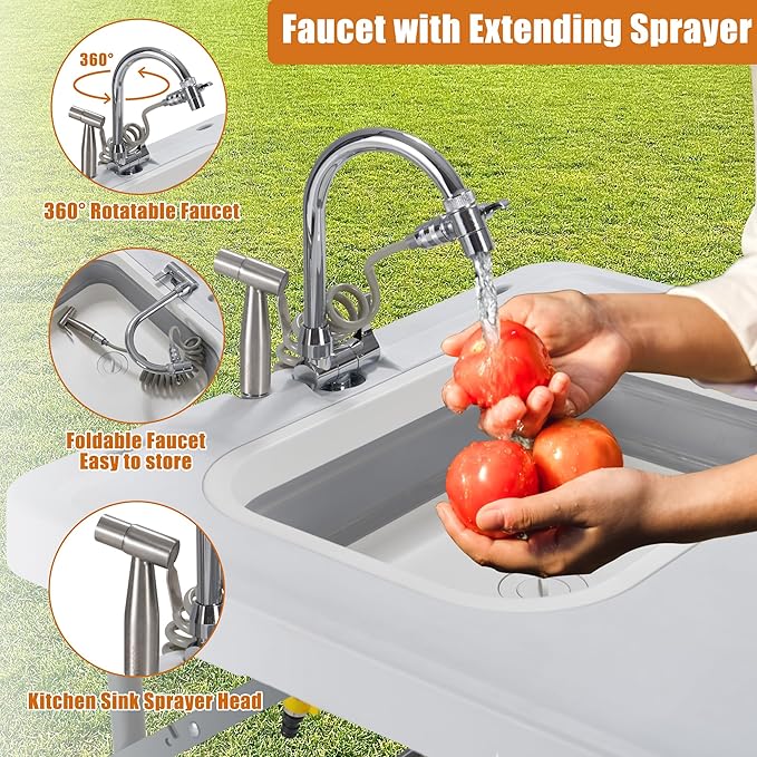 Spurgehom 50" Portable Fish Cleaning Table with Sink&Collapsible Wash Basin, Folding Camping Table with Faucet, Sprayer, Gloves, Trash Can, Storage Bag, Foldable Picnic Table for Picnic Beach Patio