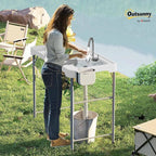 Outsunny Folding Fish Cleaning Table with Sinks, Portable Camping Sink Table with Faucet, Drainage Hose, Sprayer, Shelf, Drawer and Storage Basket, Outdoor Fillet Table for Picnic Beach Patio, White