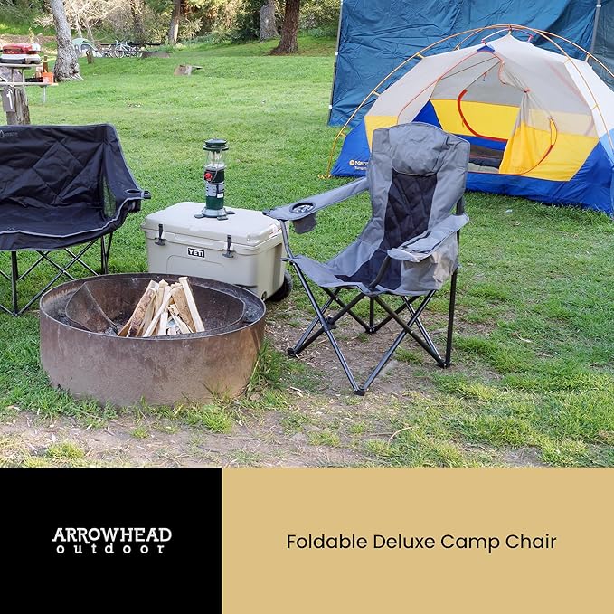 ARROWHEAD OUTDOOR 2-Pack Portable Deluxe Folding Camp Quad Chair w/Headrest, Glass & Cup Holders, Armest 6-can Cooler, Heavy Duty Carry Bag, 550 lbs Weight Capacity