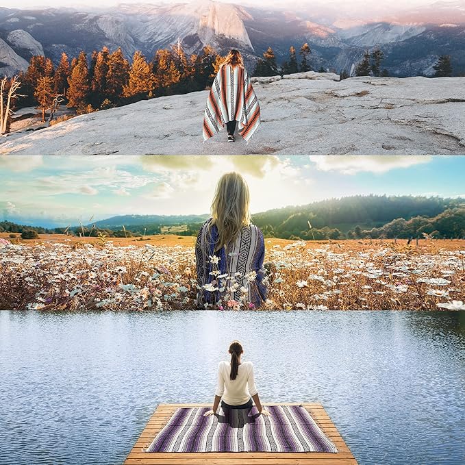 Authentic Extra Large Mexican Blanket - 70"x50" Handwoven Yoga, Serape, Artisanal Falsa, Beach, Camping, Picnic, Outdoor Blanket (Mint Orange)