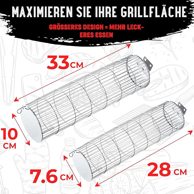 Rolling Grill Basket, New Opening Design, Extra Sturdy Cylinder Grilling Basket, Food Grade Stainless Steel, Large Portable Outdoor Camping accessories BBQ Net Rack, Cooking Griller for Fish, Vegetables, and More - Gifts for Men Dad Husband - Set of 2