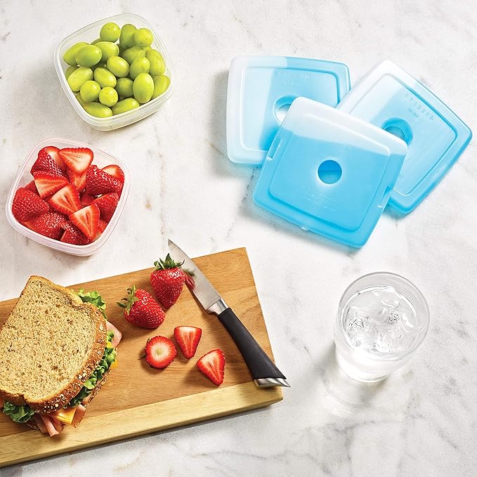 Cool Coolers by Fit & Fresh Slim Ice Packs, Quick Freeze Space Saving Reusable for Lunch Boxes or Coolers, Clear Blue Kids Ice (Pack of 48)