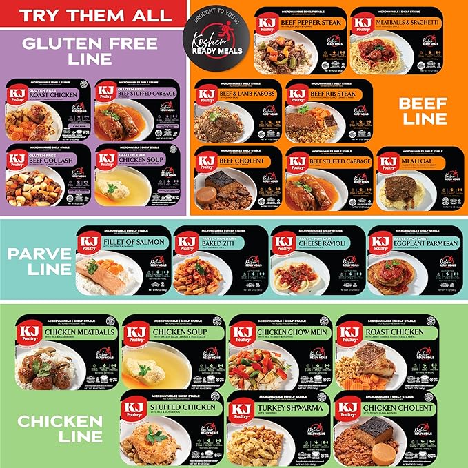 KJ Poultry Kosher Ready Meals - Beef Pepper Steak & Rice, MRE Meat Meals Ready to Eat (12 Pack) Prepared Entree Fully Cooked, Shelf Stable Microwave Dinner Travel, Military, Camping Emergency Survival