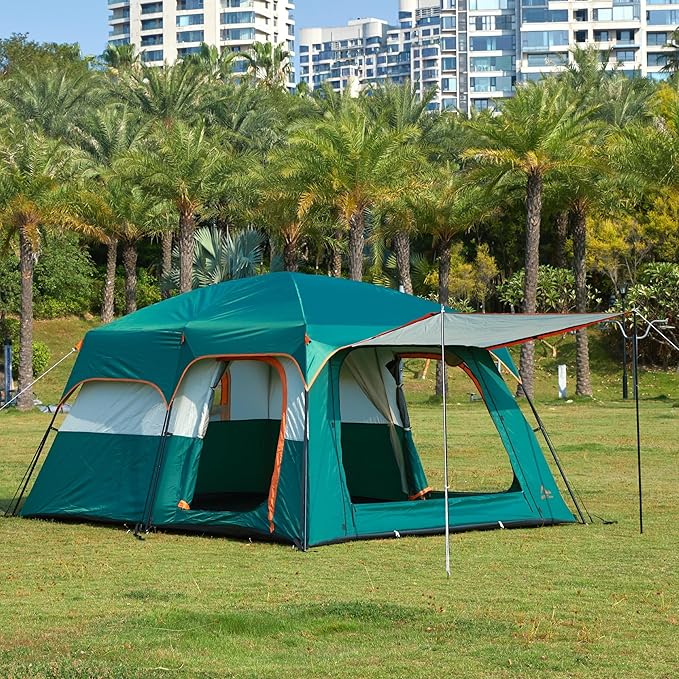 KTT Extra Large Tent 10-12-14 Person(Style-B),Family Cabin Tents,2 Rooms,3 Doors and 3 Windows with Mesh,Straight Wall,Waterproof,Double Layer,Big Tent for Outdoor,Picnic,Camping,Family Gathering