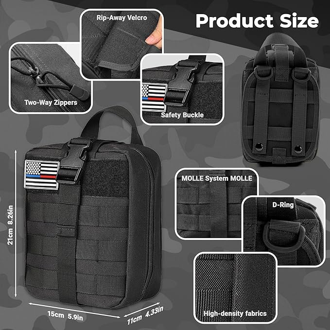 IFAK Trauma Kit with Tourniquet, 4-Inch Israeli Bandage, Tactical First Aid Kit for Car, Camping, Hiking and Travel with Molle Bag (Black)