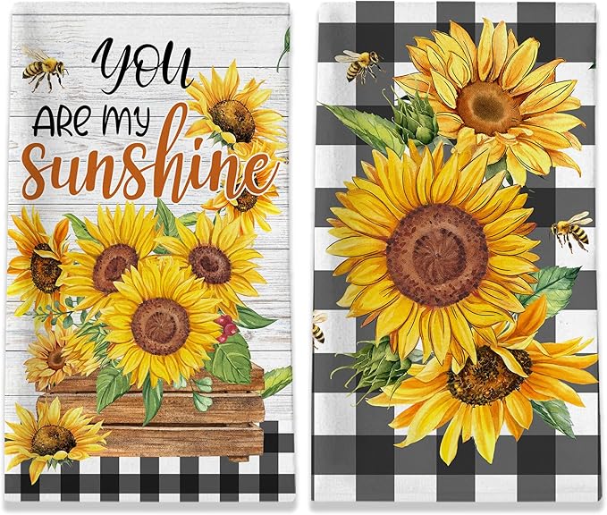 Sunflower Kitchen Towels, You are My Sunshine Dish Towels Set of 2, Farmhouse Sunflower Kitchen Decor, Summer Floral Buffalo Plaid Yellow Hand Towels for Housewarming (18x26 Inches)
