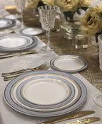 OCCASIONS 50pc Heavy Duty Disposable Plastic Plates Set for 25 Guests – 25 Dinner (10.5") & 25 Dessert (7.5") Plates – Elegant, Recyclable, BPA Free – Louvre Blue & Gold