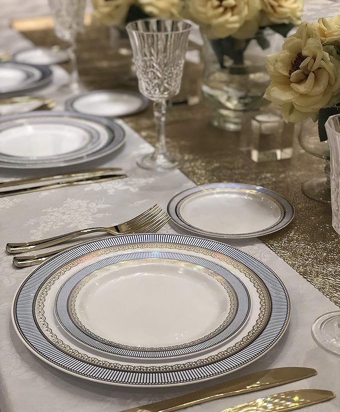 OCCASIONS 50pc Heavy Duty Disposable Plastic Plates Set for 25 Guests – 25 Dinner (10.5") & 25 Dessert (7.5") Plates – Elegant, Recyclable, BPA Free – Louvre Blue & Gold