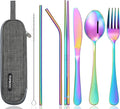 Portable Stainless Steel Flatware Set, Travel Camping Cutlery Set, Portable Utensil Travel Silverware Dinnerware Set with a Waterproof Case (Rainbow)