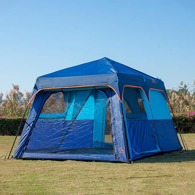 KTT Extra Large Tent 10-12-14 Person(B),Family Cabin Tents,2 Rooms,3 Doors and 3 Windows with Mesh,Straight Wall,Waterproof,Double Layer,Big Tent for Outdoor,Picnic,Camping,Family Gathering