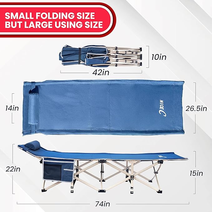Nice C Camping Cots, Cots for Adults, Folding Cot Bed, with Pillow, Carry Bag & Storage Pocket, Extra Wide Sturdy, Holds Up to 500 Lbs (2, Blue)