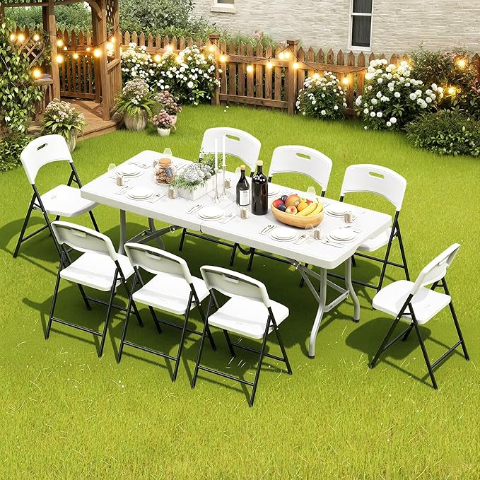 70.5" Foldable Outdoor Dining Set with 8 Fully assembled Dining Chairs for Easy Storage, Portable Patio Table and Chairs Set for Camping Picnic, Heavy Duty Patio Table Set for Garden Yard.