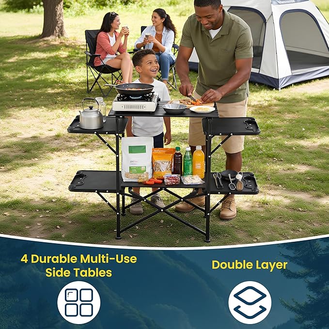 Slim-Fold Camping Kitchen Table, Metal Folding Portable Outdoor Cook Station with 4 Side Tables, 2 Storage Shelves & Carrying Bag, Heat Resistant Quick Set-Up for Picnic BBQ