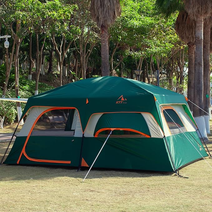 KTT Extra Large Tent 10-12-14 Person(Style-B),Family Cabin Tents,2 Rooms,3 Doors and 3 Windows with Mesh,Straight Wall,Waterproof,Double Layer,Big Tent for Outdoor,Picnic,Camping,Family Gathering