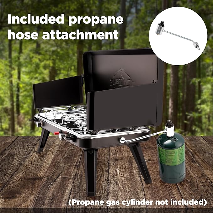 Hike Crew Gas Camping Stove | 20,000 BTU 2 Burner Propane Portable Stovetop | Foldable Legs | Integrated Igniter & Included Regulator | Wind Panels & Built-in Carrying Handle