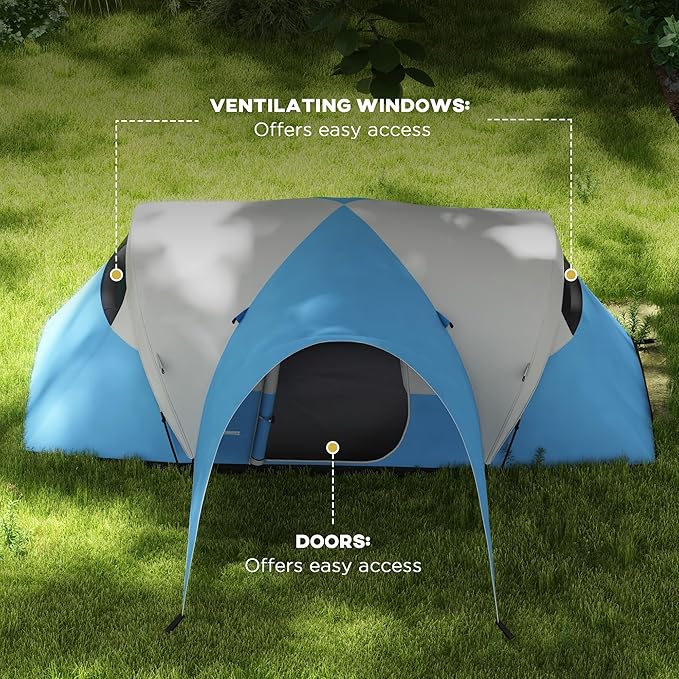 Outsunny 5-6 Man Camping Tent, 3000mm Waterproof Family Tent with Porch and Sewn in Groundsheet, Portable with Bag, for Fishing Hiking Festival