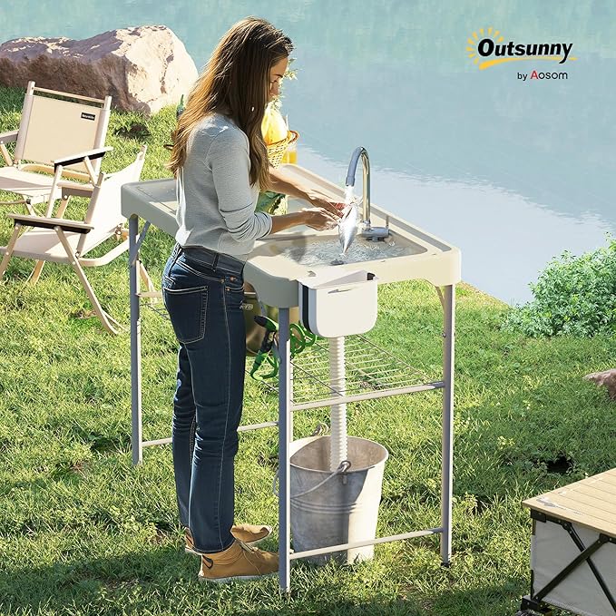 Outsunny Folding Fish Cleaning Table with Sinks, Portable Camping Sink Table with Faucet, Drainage Hose, Sprayer, Shelf, Drawer and Storage Basket, Outdoor Fillet Table for Picnic Beach Patio, Tan