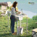 Outsunny Folding Fish Cleaning Table with Sinks, Portable Camping Sink Table with Faucet, Drainage Hose, Sprayer, Shelf, Drawer and Storage Basket, Outdoor Fillet Table for Picnic Beach Patio, Tan