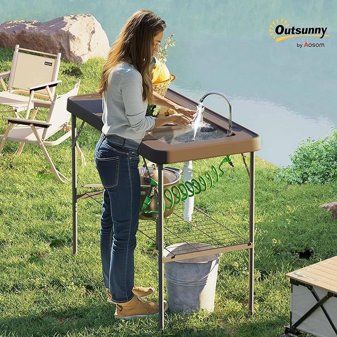 Outsunny Folding Fish Cleaning Table, Portable Camping Sink Station with Faucet, Drainage Hose, Sprayer, Grid Rack and Knife Groove, Outdoor Fillet Table for Picnic Beach Patio, Tan