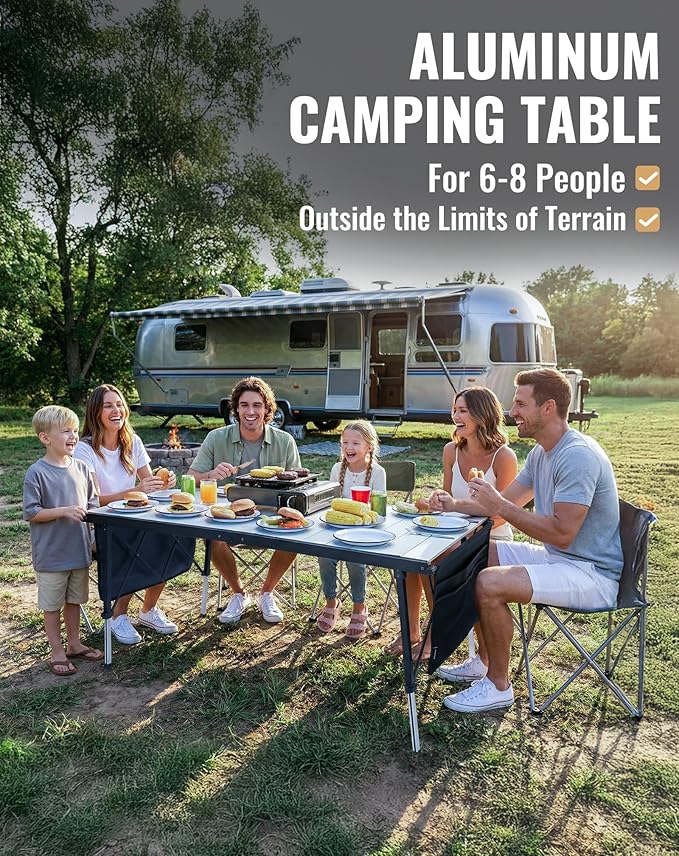 KingCamp Folding Camping Table Foldable, 55.1" x27.6" Aluminum Roll Up Table with Adjustable Height 6-7 Person Camp Tables Outdoor with Carrying Bag for BBQ, Patio, and Picnic Loads 265 Lbs