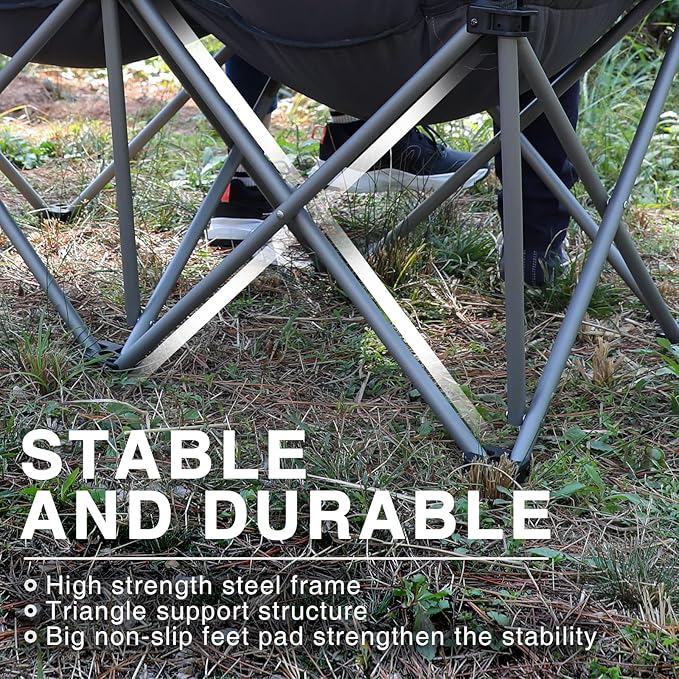 EVER ADVANCED Double Camping Chair for Adults, Padded Folding Camping Love Seat Bench with Side Pocket Portable Camping Couch, Two Person Heavy Duty Folding Outdoor Chair with Cushion,Support 600lbs