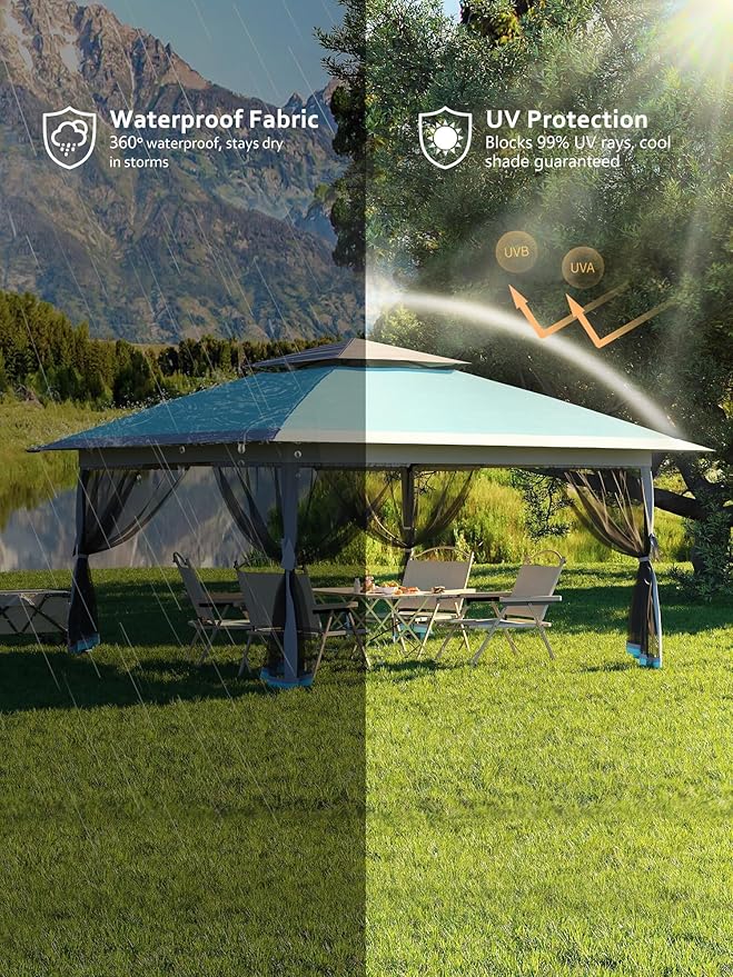 GarveeHome 13x13 Pop-Up Canopy Tent with Mosquito Netting, Heavy Duty Gazebo with Waterproof UV Double Roof, 169 Sq.Ft Shade, Instant Outdoor Shelter for Patio, Backyard, Garden, Light Blue