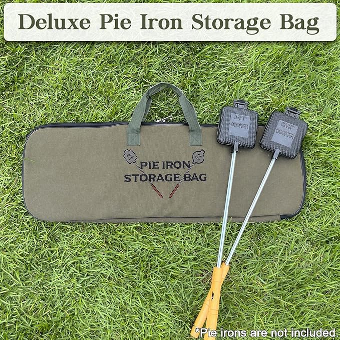 Deluxe Pie Iron Bag for Mountain Pie Maker Cast Iron Storage Fits up to 4, Heavy Duty Padding with Extra Pocket for Campfire Accessories, Strong Straps to Secure, Camping Storage Bag 32×12in
