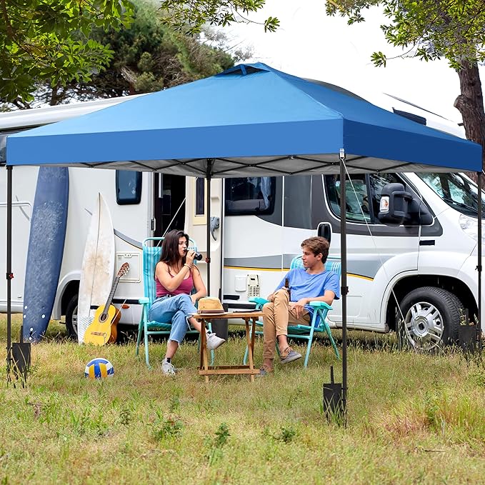 GDY 12x12 Pop Up Canopy Patio Carpas, One Push Set up with Central Lock Canopy with Wheeled Carry Bag, Included 4 Sandbaogs,8 Stakes and 4 Ropes, Blue
