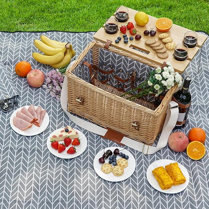 Luxury Picnic Basket, Wicker Picnic Basket Set for 4, Picnic Basket with Blanket & Portable Table for Camping and Outdoor Party - Gray