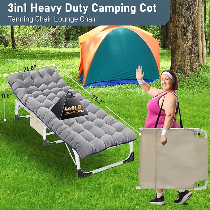 NAIZEA Folding Camping Cot W/Mat for Adults, Adjustable Lounge Chair Outdoor, Heavy Duty Sleeping Cot Bed, Travel Camp Cots for Pool, Beach, Patio Sunbathing