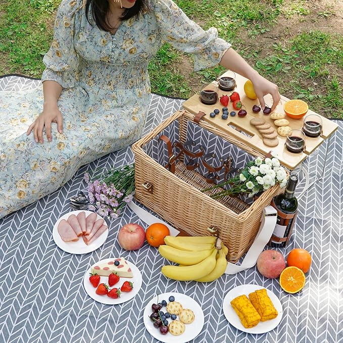 Luxury Picnic Basket, Wicker Picnic Basket Set for 4, Picnic Basket with Blanket & Portable Table for Camping and Outdoor Party - Gray