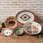 Paseo Road Aztec Bear 14 Piece Melamine Plastic Rustic Dinnerware Set, Brown Red Cream Green Bear Pine Tree Geometric Print, Cabin Lodge Southwestern Dish Set with Plates, Bowls