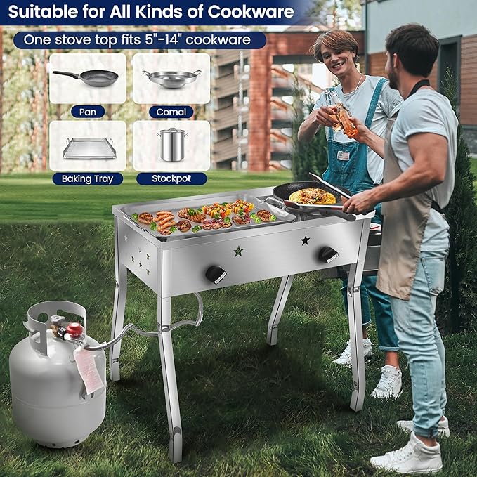 ARC Double Burner Propane Stove, Stainless Steel Camping Stove with 150,000 BTU/H, Easy-Assemble, 20PSI Regulator and Hose, Ideal for Outdoor Cooking,Camping and Gatherings (Stainless Steel)