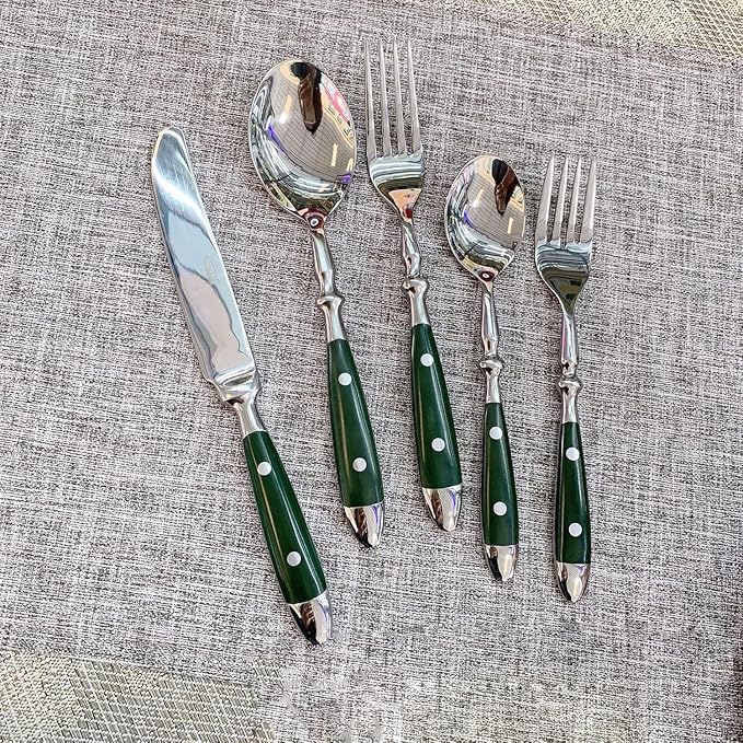 IKXO 20 Pieces Green Gum Wood Handle Silverware Set for 4, Exquisite Ergonomic Flatware Set Food-Grade Stainless Steel Cutlery Set, Tableware Eating Utensils, Mirror Finished, Dishwasher Safe…