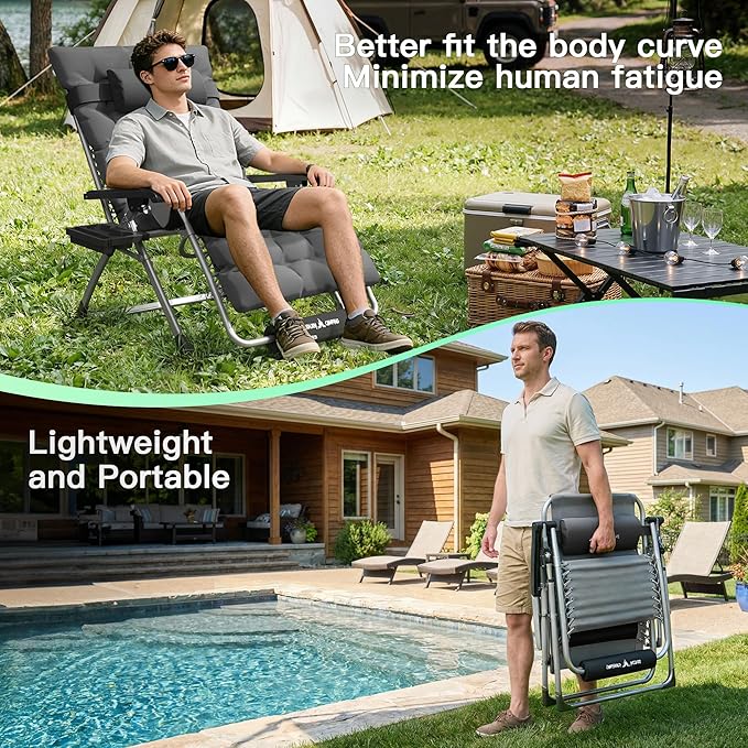 Amopatio Oversized Zero Gravity Chair, XL 29In Reclining Camping Lounge Chair w/Removable Cushion&Headrest, Upgraded Lock and Footrest, Folding Patio Recliner for Indoor Outdoor, Dark Grey