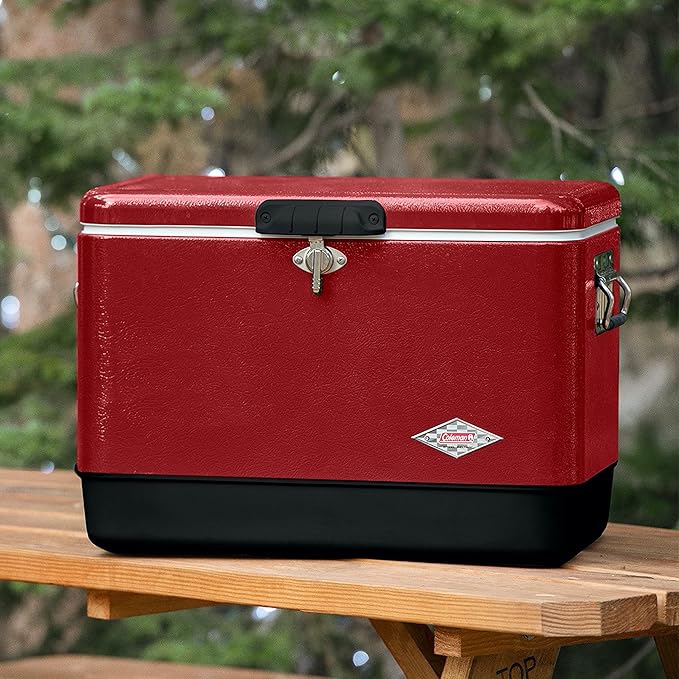 Coleman Vintage 54qt Steel Belted Cooler, Keeps Ice Up to 4 Days, 85-Can Capacity Hard Cooler with Drain & Have-A-Seat Lid