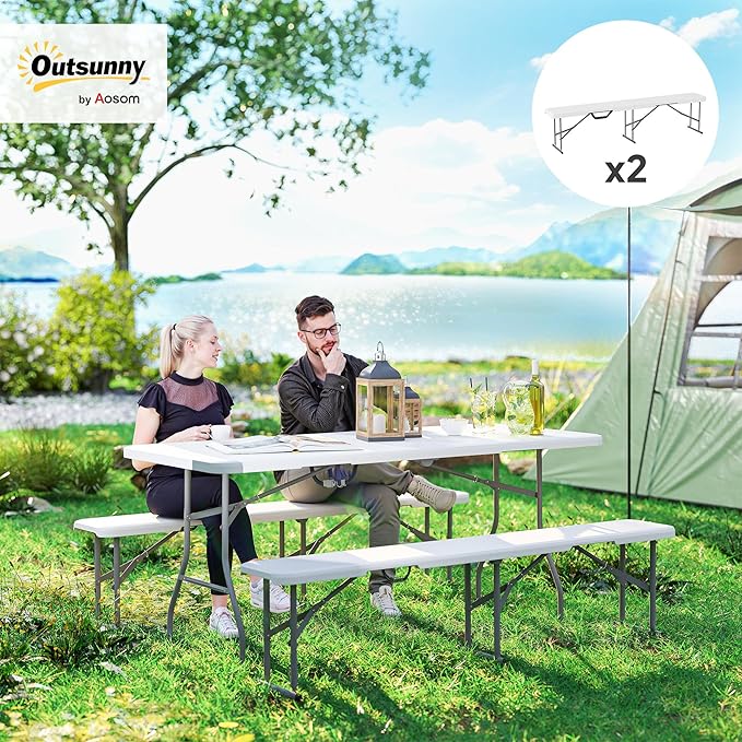 Outsunny 2-Pack 6 Ft. Plastic Folding Benches, Portable Foldable Bench Seats with Carrying Handle, Non-Slip Mat, HDPE Tabletop, Picnic Benches for Camping Dining Picnic BBQ Sports, White