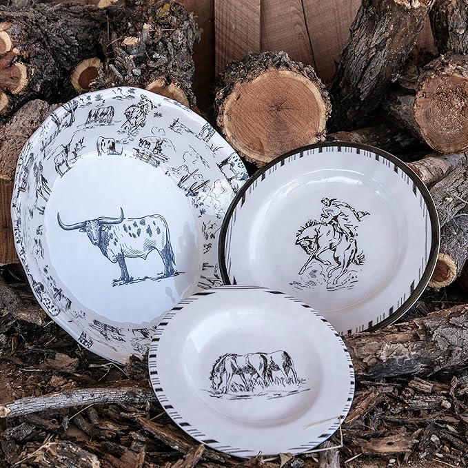 Paseo Road Ranch Life 14 Piece Melamine Plastic Dinnerware Set with Plates, Bowls and Serving Platter, Black and White, Southwestern Rustic Cabin Lodge Farmhouse Style