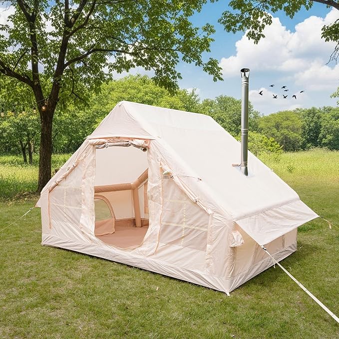 KEIKI Oxford Hot Tent for Camping, 2/3/4/6/8 Person Large Inflatable Tents w/Detachable Canopy, 4 Season Waterproof Tent for Hike Backpacking, Stove Jack AC Port, Mesh Doors Windows, Pump, Easy Setup