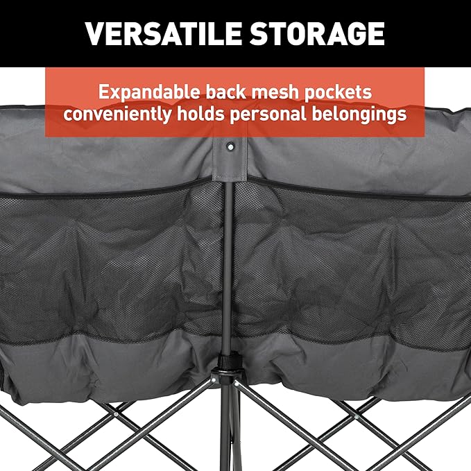 Lippert Big Bear Dark Grey Heated Folding Camping Loveseat with Power Banks, Four Heat Zones, 600-lb. Weight Capacity, 600D Polyester Fabric, High-Loft Cushioning, Zippered Carrying Bag - 2024043335