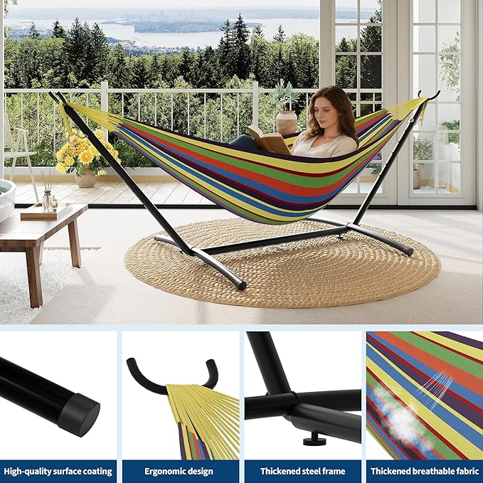 Double Hammocks with Stand for Outside, Portable Space Saving Heavy-Duty Steel Stand for Indoor Outdoor Patio with Carrying Bag, 450 lbs Capacity (Rainbow Stripes)