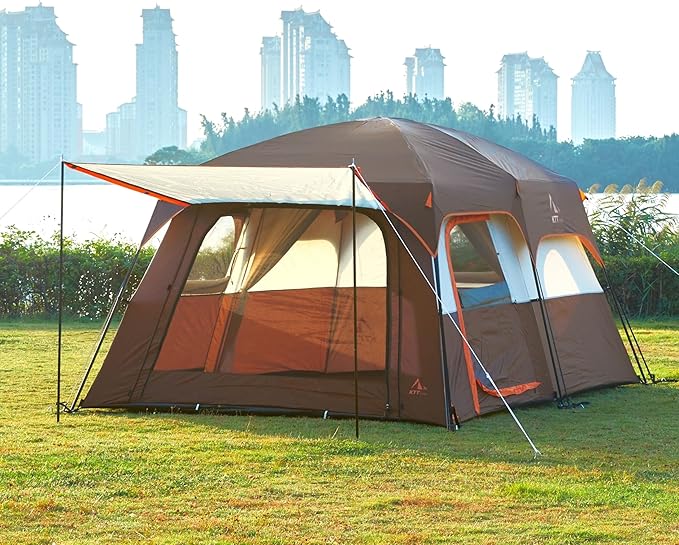KTT Large Tent 8-10-12 Person,Family Cabin Tents,2 Rooms,2 Doors and 4 Windows with Mesh,Straight Wall,Waterproof,Double Layer,Big Tents for Outdoor,Picnic,Camping,Family Gathering