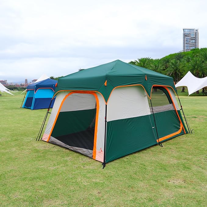 KTT Extra Large Tent 10-12-14 Person(A),Family Cabin Tents,2 Rooms,3 Doors and 3 Windows with Mesh,Straight Wall,Waterproof,Double Layer,Big Tent for Outdoor,Picnic,Camping,Family Gathering
