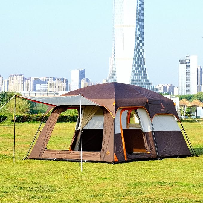 KTT Large Tent 6-8-10 Person,Family Cabin Tents,2 Rooms,2 Doors and 4 Windows with Mesh,Straight Wall,Waterproof,Double Layer,Big Tents for Outdoor,Picnic,Camping,Family Gathering