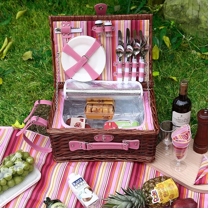 Wicker Picnic Basket for 4 with Waterproof Picnic Blanket and Insulated Cooler, Willow Hamper for Camping, Outdoors, Photoshoot, or a Birthday, Valentine’s Day, Wedding Gift, Pink