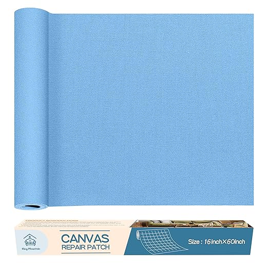 KING MOUNTAIN Canvas Repair Patch 16×60 Inch Self-Adhesive Waterproof Fabric Patch for Sofas, Tents, Furniture,Tote Bags, Car Seats (Blue)