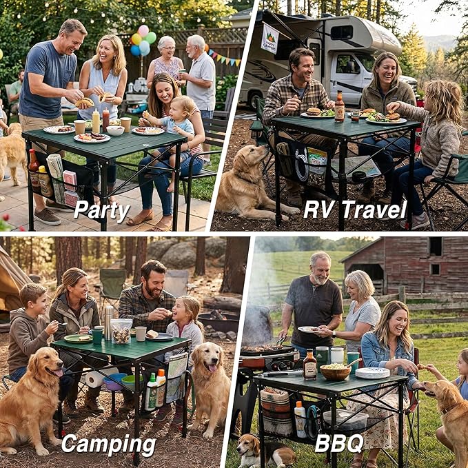 Portable Camping Table with Adjustable Height, Lightweight Aluminum Roll Top Folding Camp Table with Storage Pockets & Dual-Compartment Bag, Heat-Resistant, for RV, Picnic, BBQ, Outdoor (L)