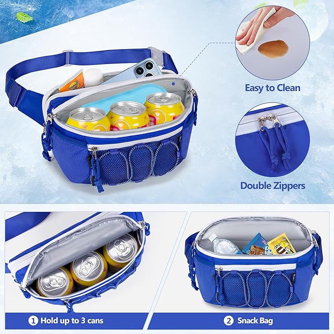 Fanny Pack Cooler, Insulated Waist Pack Snack Bag, Portable Hip Pack for Beach, Camping and Hiking, Blue