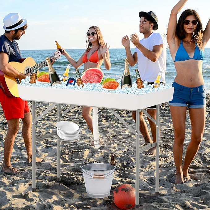 Dragosum Outdoor Cooler Table with Drain, Folding Ice Cooler Table with Removable Matching Skirt, Portable Table Coolers 4 Foot for Party BBQ Camping Wedding